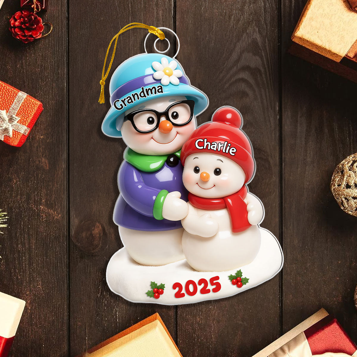 Snowman Grandma Hugging Grandkids 3D Effect Personalized Acrylic Ornament, Christmas Gift for Granddaughter, Grandson, Grandma