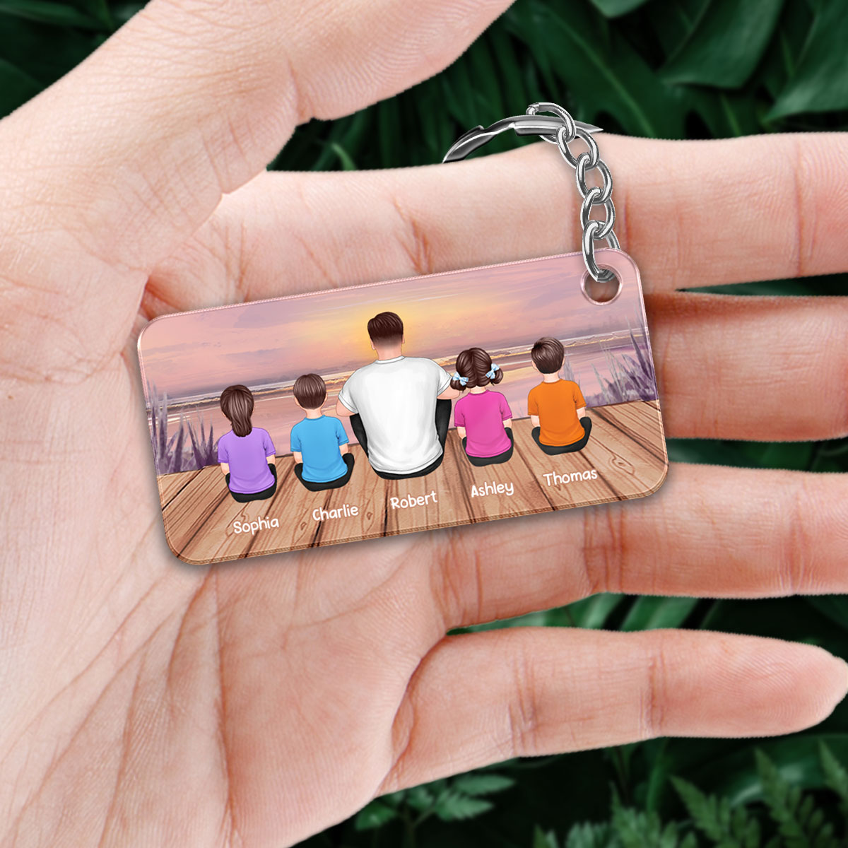 Dad And Kids Back View Lake Sunset Personalized Acrylic Keychain