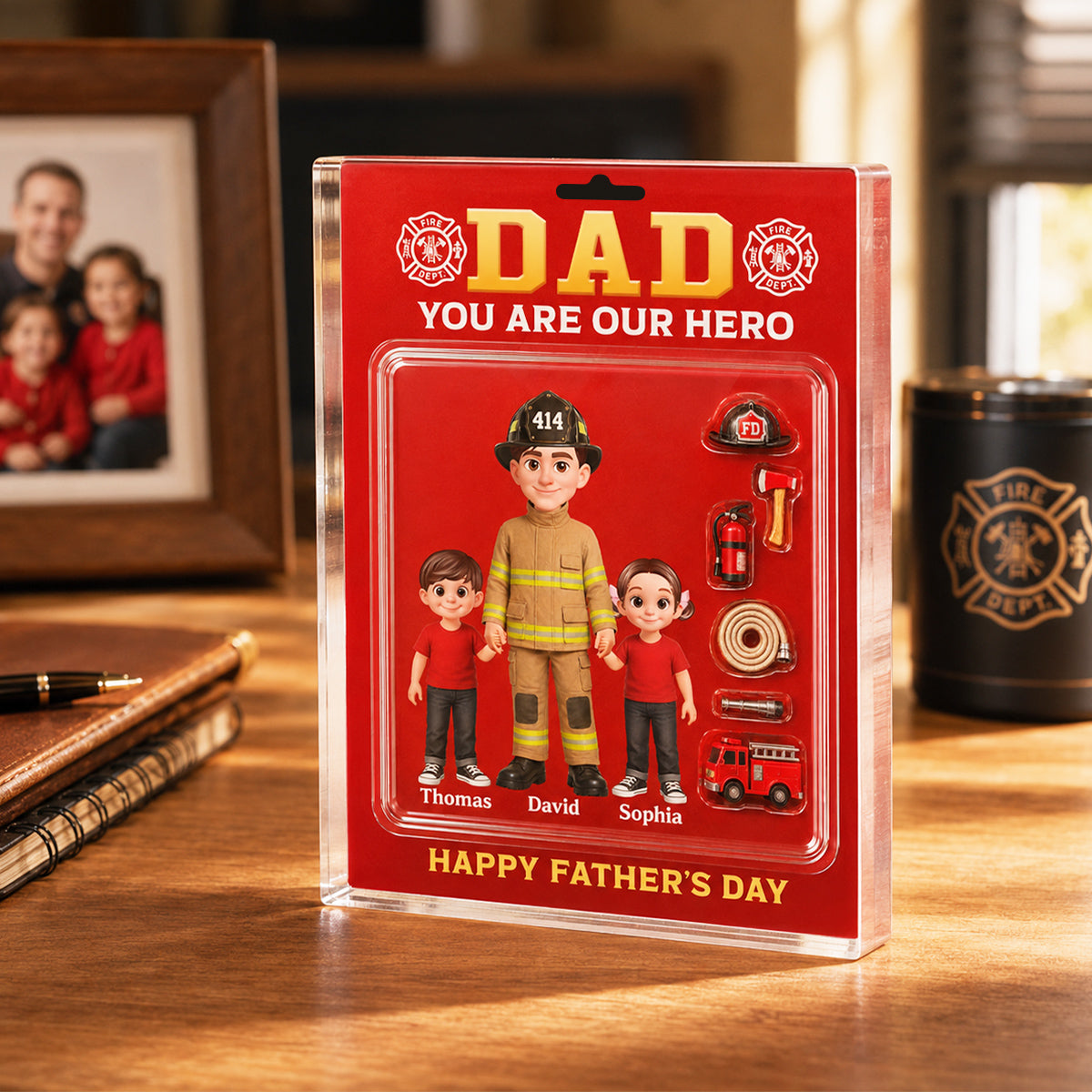 Proud Firefighter Dad You Are Our Hero Custom Figure Style - Personalized Acrylic Block Plaque - Father's Day Gift For Dad, Husband