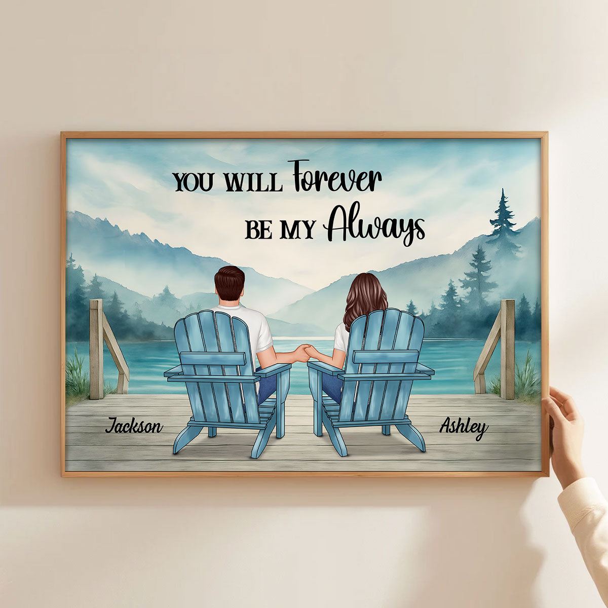 Lakeside Mountain Landscape Couple Back View Personalized Poster, Anniversary Gift for Him for Her