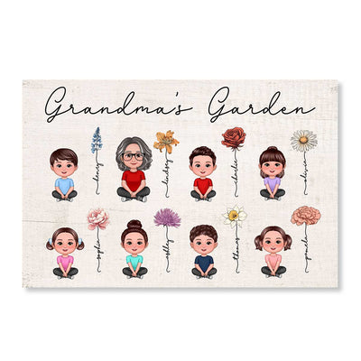 Grandma Grandkids Sitting Crossed Legs Garden Vintage Birth Month Flowers Mother‘s Day Gift Personalized Horizontal Poster