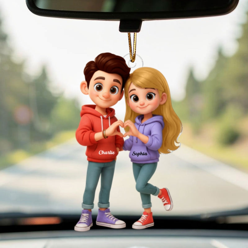 Cute Cartoon Couple Heartfelt Moment - Personalized Acrylic Car Hanger - Sentimental Gift for him, for her