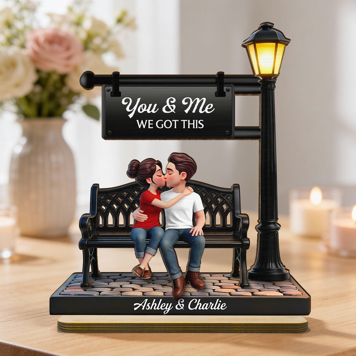 Everlasting Love Couple Sitting Kissing Under Lamp Post - Personalized 2-Layered Wooden Plaque - Heartfelt Gift For Couple