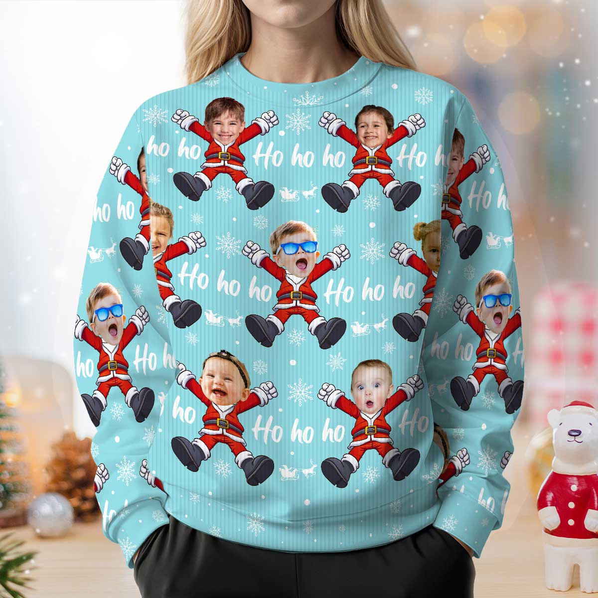 Ho Ho Ho Family Photo Upload Funny Christmas Personalized Faux Knit Ugly Sweater