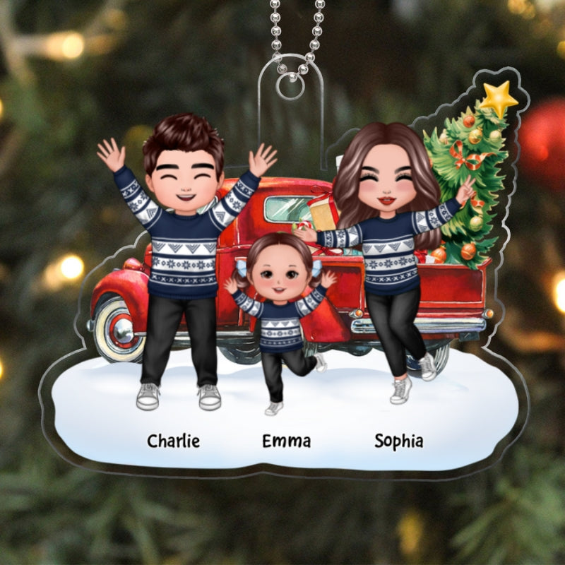 Happy Doll Family Dad Mom Kids Dogs Cats & Christmas Truck Personalized Acrylic Ornament
