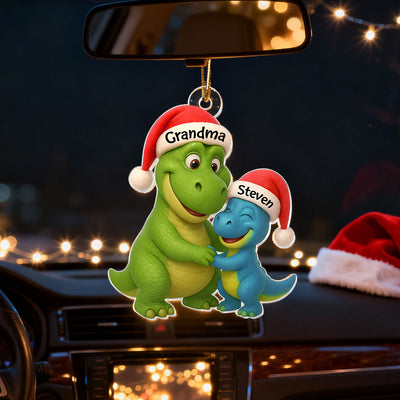 3D Effect Heartwarming Grandmasaurus Hugging Dinosaur Grandkid - Personalized Acrylic Car Hanger - Fun & Unique Gift For Grandkids