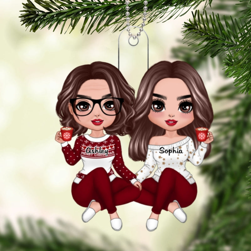 Red Clothes Doll Mom Daughter Sitting Christmas Gift Personalized Acrylic Ornament
