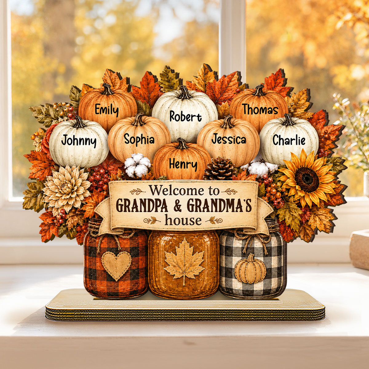 Cozy Warm Fall Season Mason Jars Pumpkins Grandma Grandpa Little Pumpkins - Personalized 2-Layered Wooden Plaque - Fall Decoration For Grandparents