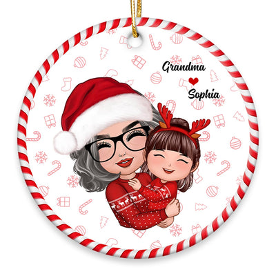 Christmas Pattern Doll Grandma Mom Hugging Kid Gift For Granddaughter Grandson Personalized Circle Ornament