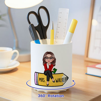 Teacher Sitting On Pencil Personalized Rotating Pen Holder, Back To School Gift, Teacher Appreciation Gift