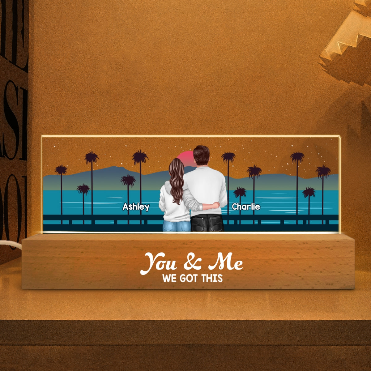 Retro Back View Couple Standing Hugging Personalized Acrylic Block LED Night Light