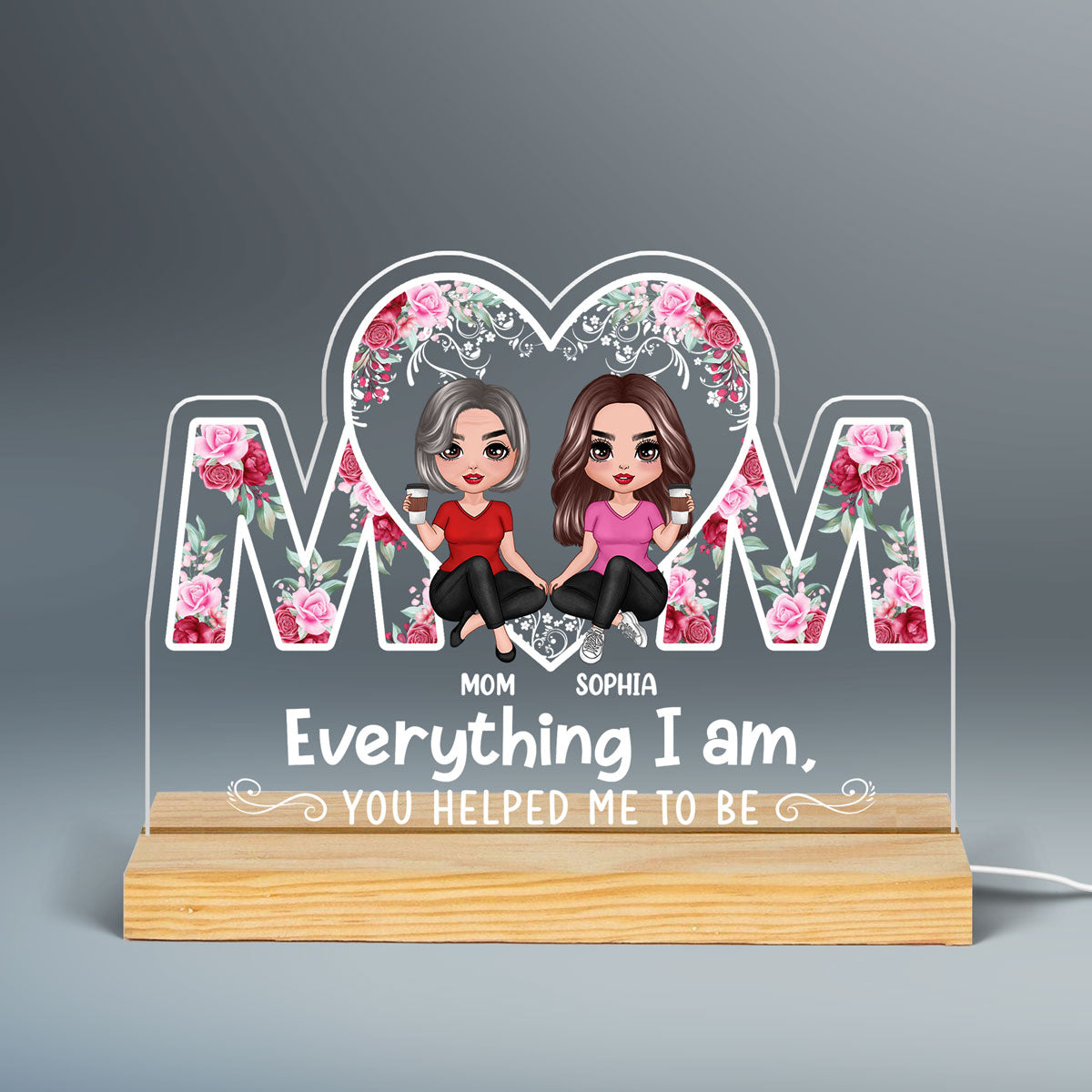 Doll Mother & Daughter Sitting In Heart MOM Personalized Custom Shape Acrylic Plaque With LED Night Light