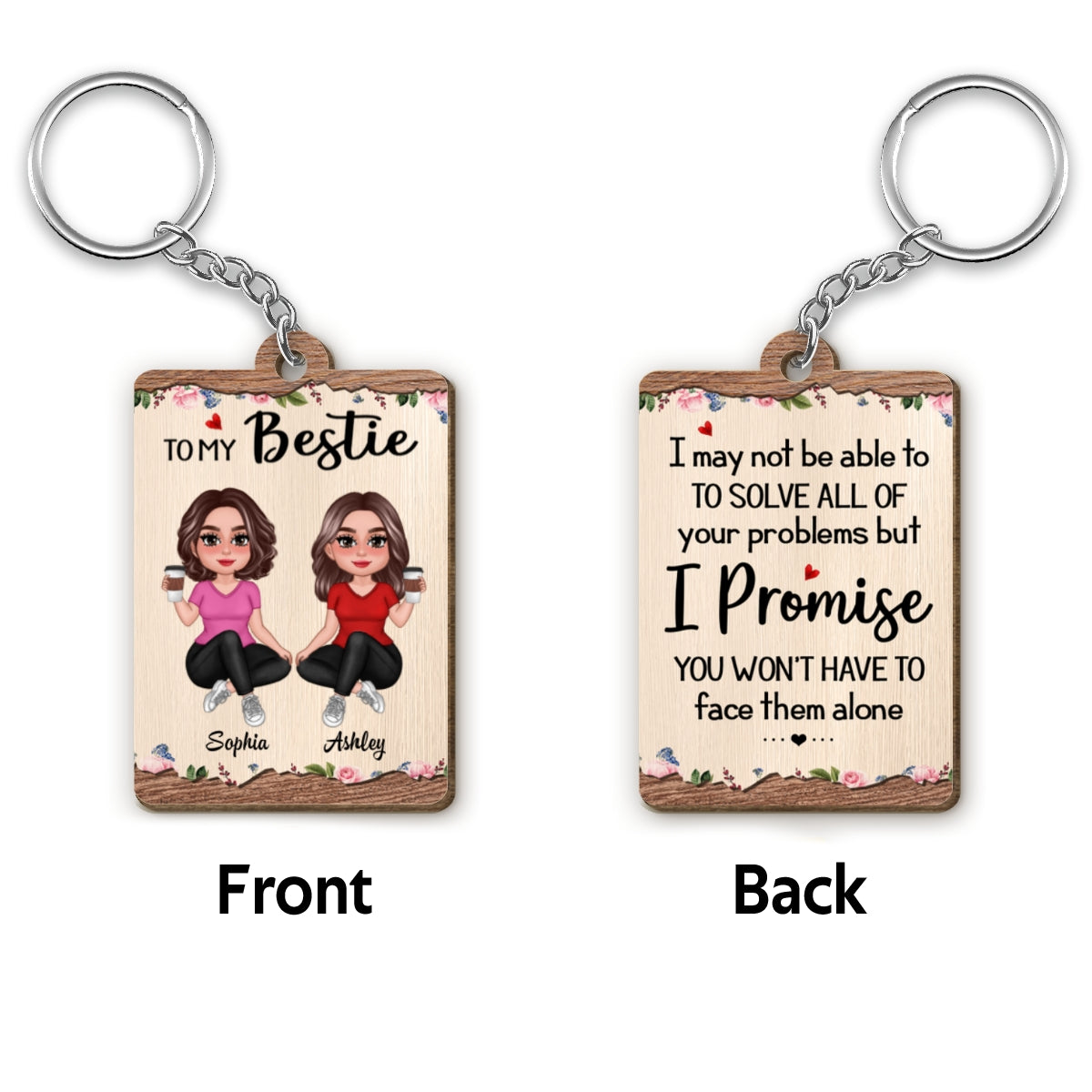 Pretty Besties To My Besties Floral Wooden Personalized Wooden Keychain