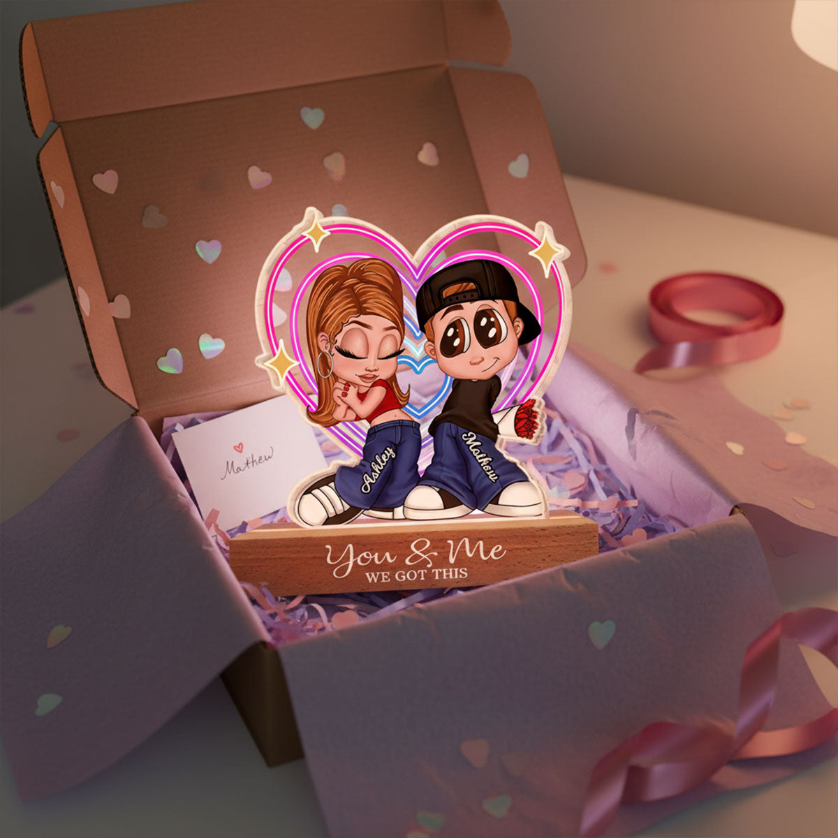 Forever Love Y2K Couple Neon Heart - Personalized Acrylic Block LED Night Light - Valentine's Day Gift For Couple, For Her, For Him