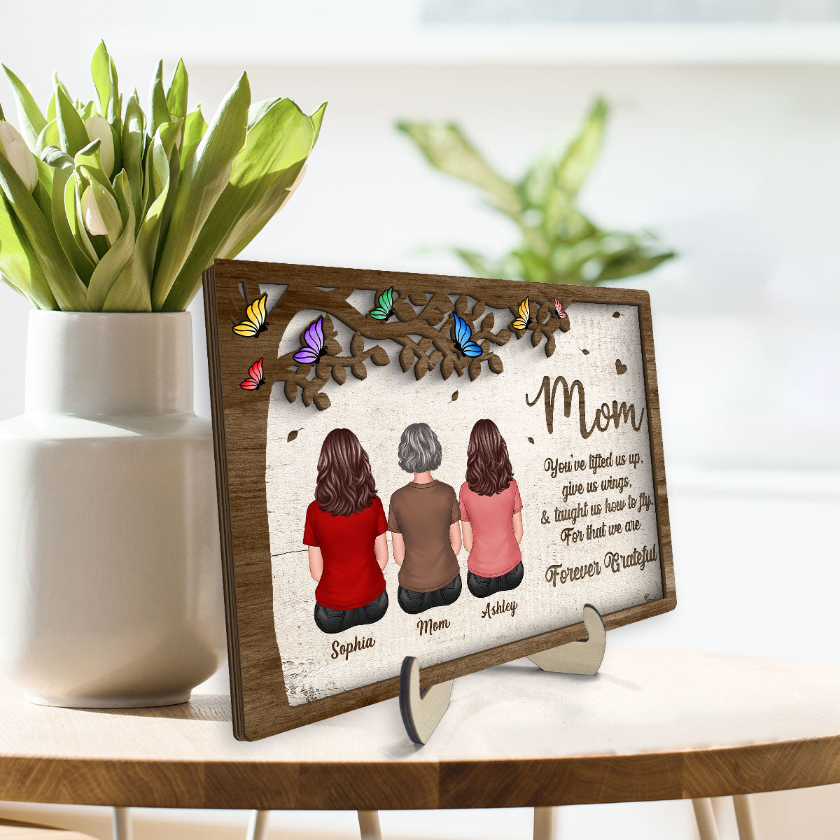 Mom And Daughters Sons Sitting Under Tree Butterflies Mother‘s Day Gift Personalized 2-Layer Wooden Plaque