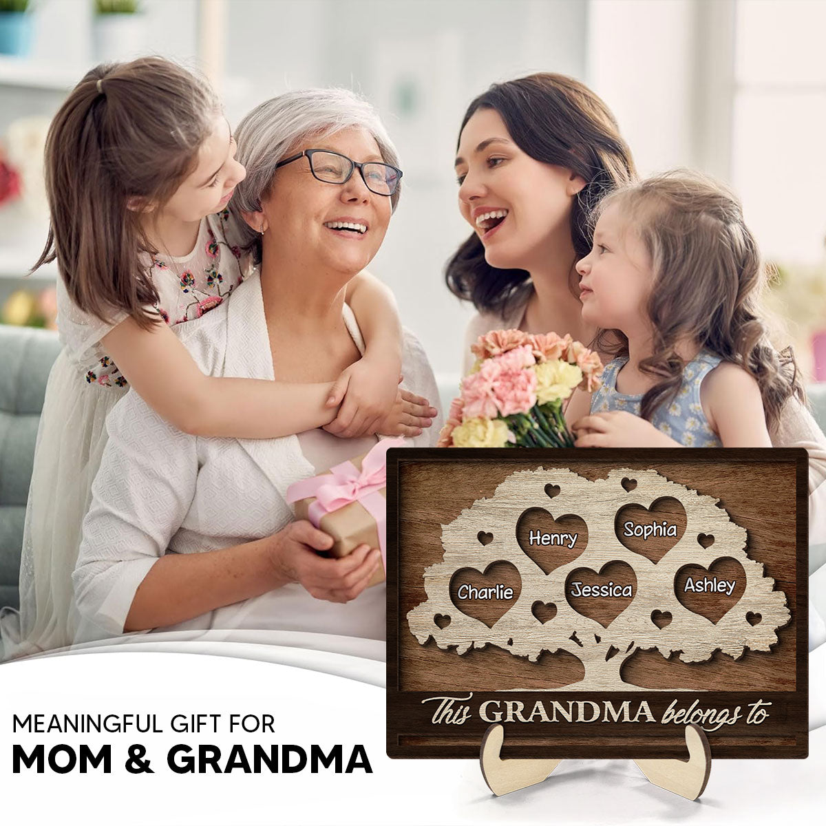 This Grandma Mom Belongs To Heart Tree Personalized 2-Layered Wooden Plaque, Heartfelt Mother's Day gift