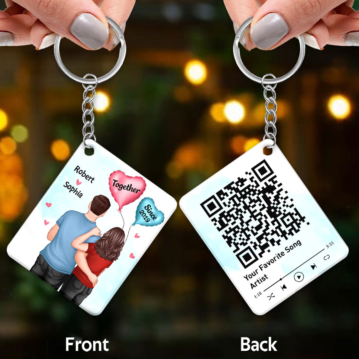 Couple Back View Balloons Favorite Song Scannable QR Code Couple Gift Personalized Acrylic Keychain