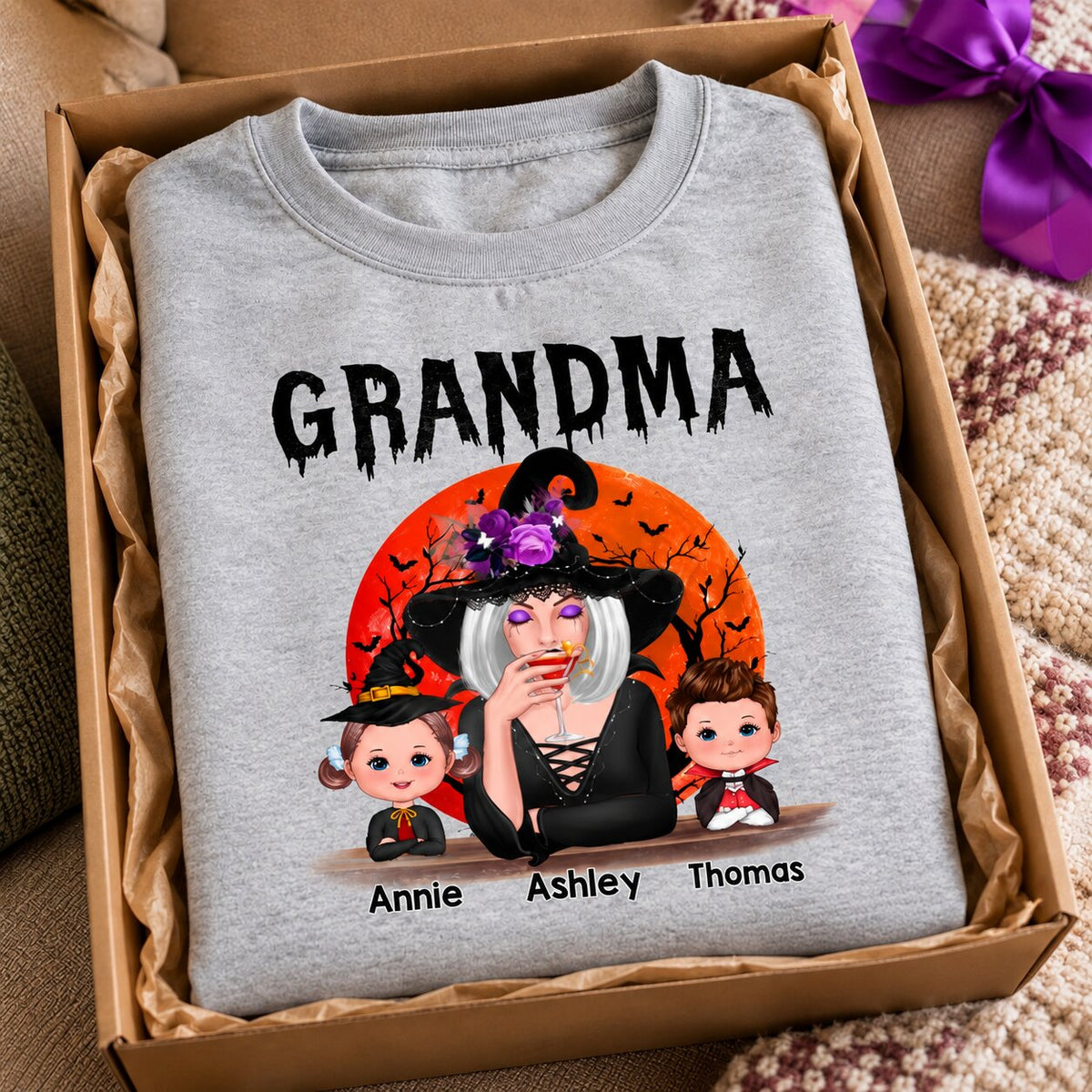 Halloween Moon Grandma Mom Witch With GrandKids Personalized Shirt