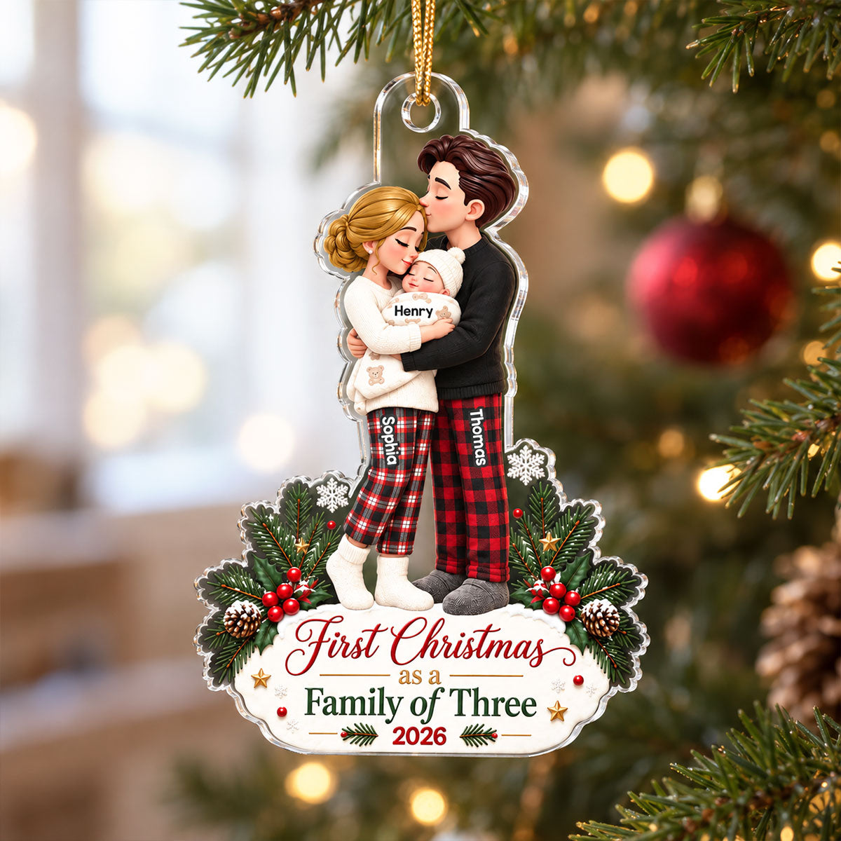 Our First Christmas As Family Of Three 2D Flat Printed - Personalized Acrylic Ornament - Christmas Tree Keepsake For New Parents