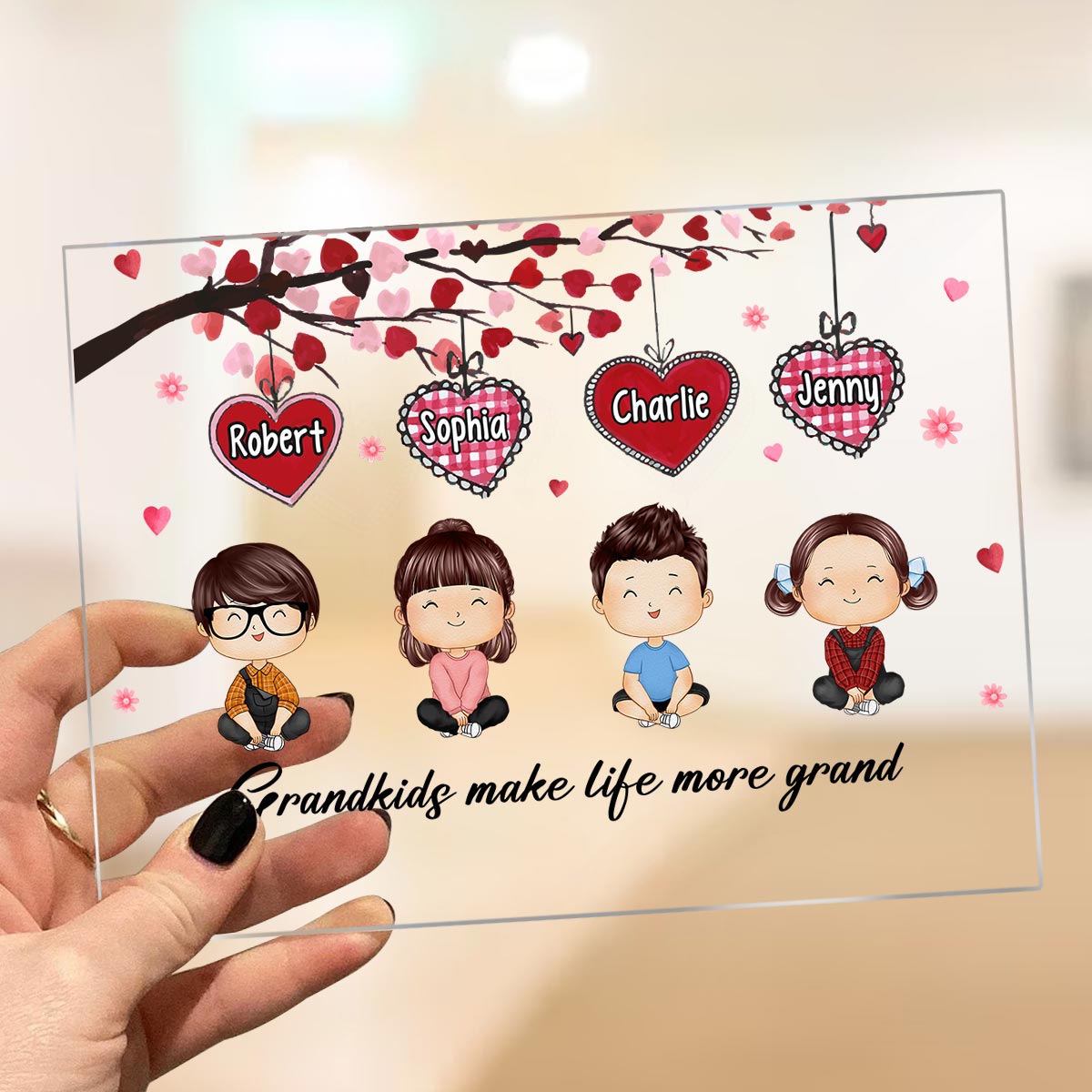 Grandkids Make Life More Grand Doll Kids Watercolor Styles Under Heart Tree Personalized Acrylic Plaque
