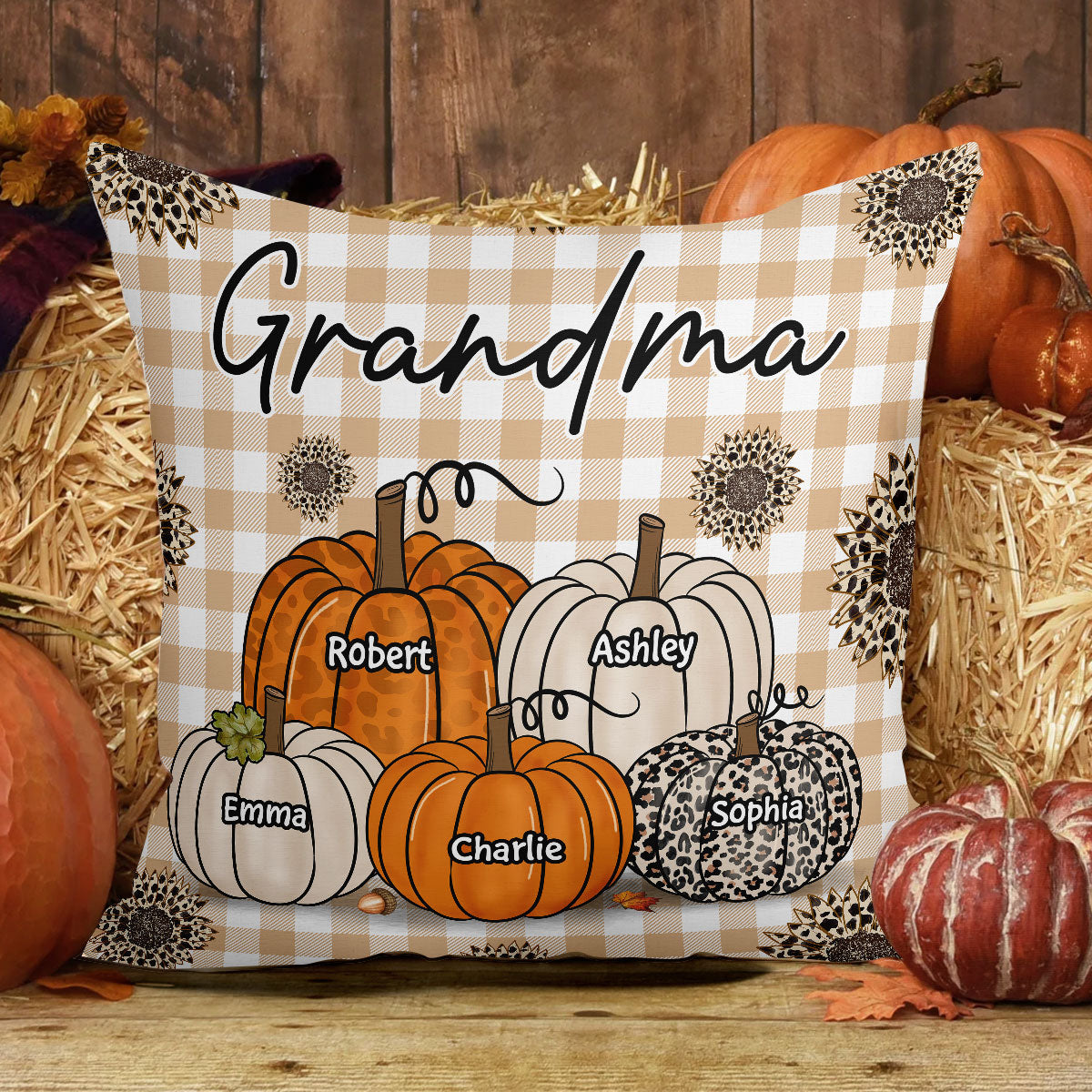Fall Season Grandma Checkered Pattern Pumpkins Personalized Pillow