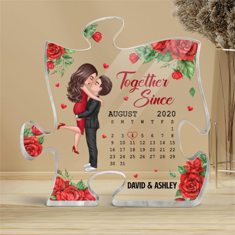 Rose Pattern Doll Couple Hugging Kissing Calendar Anniversary Date Gift For Him For Her Personalized Puzzle Acrylic Plaque