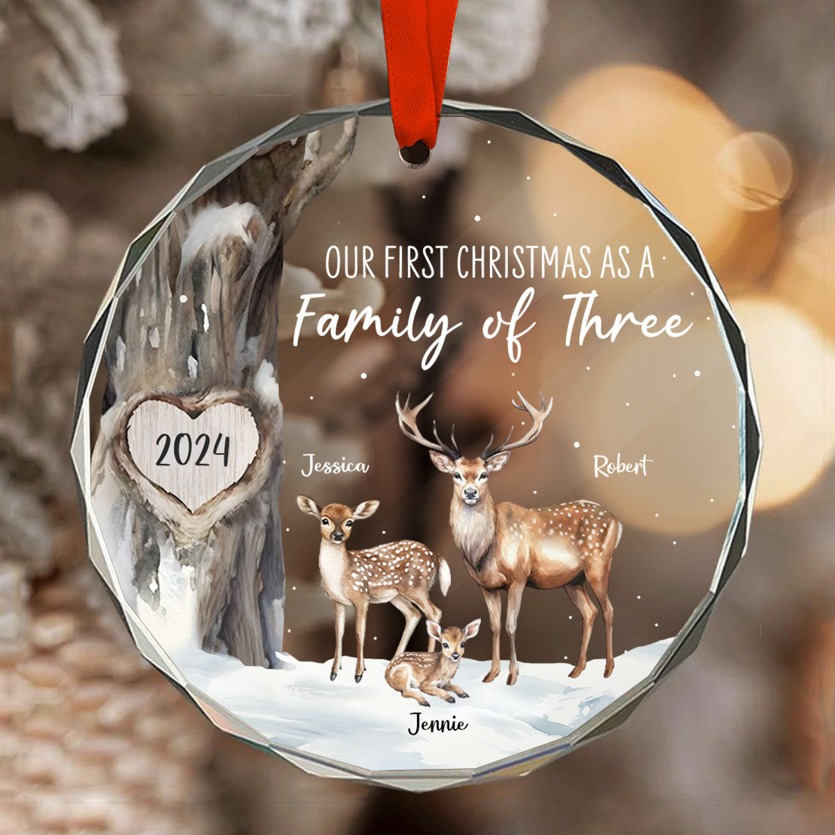 First Christmas As Family Of Three Deers Personalized Glass Ornament