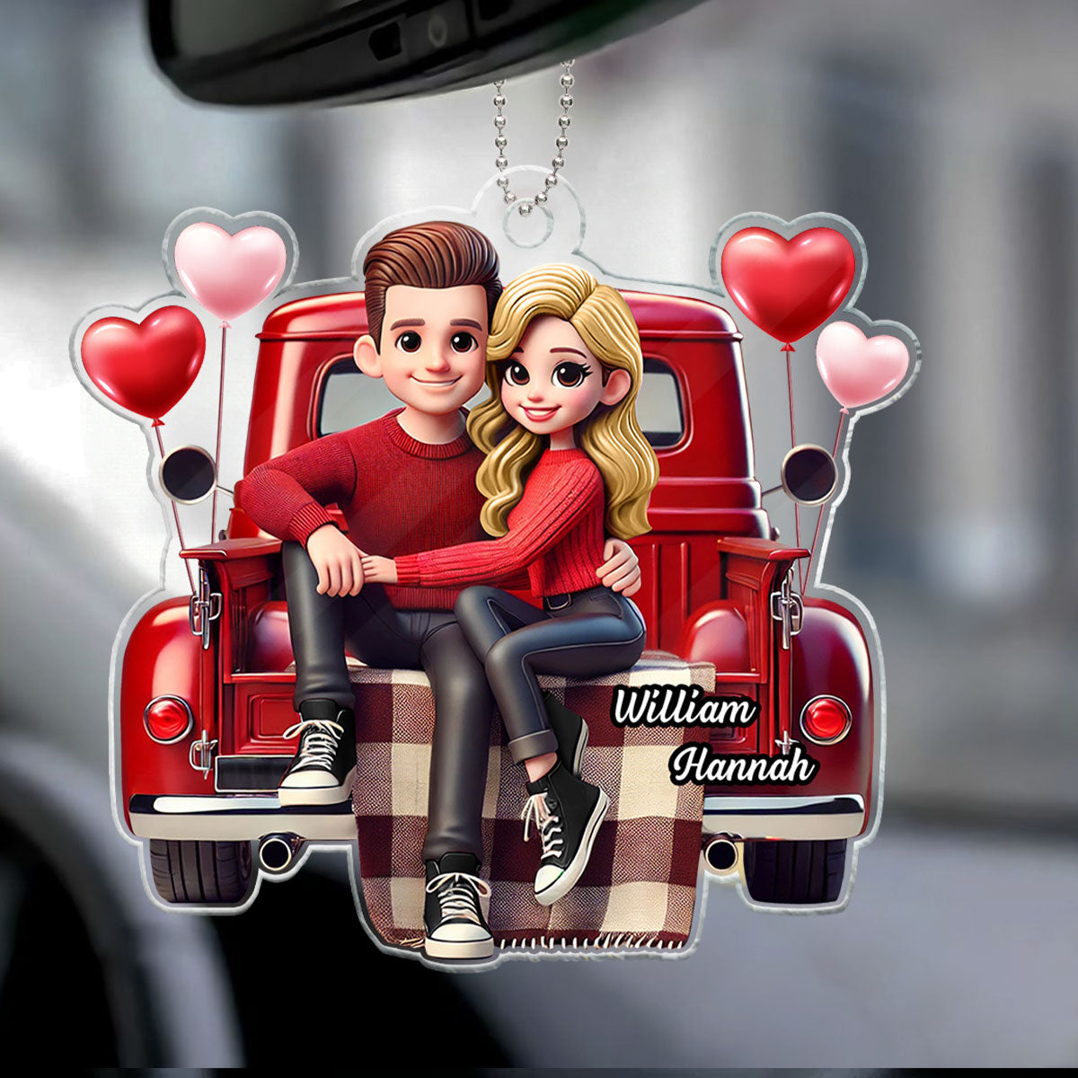 3D Effect Couple Sitting On Red Truck Personalized Acrylic Car Hanger,  Gift, Anniversary Gift For Couples