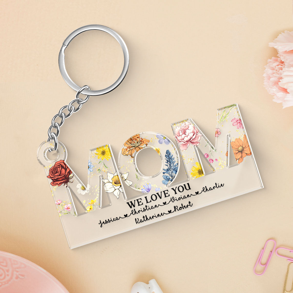 Mom Birth Month Flower Personalized Acrylic Keychain, Gift For Mom