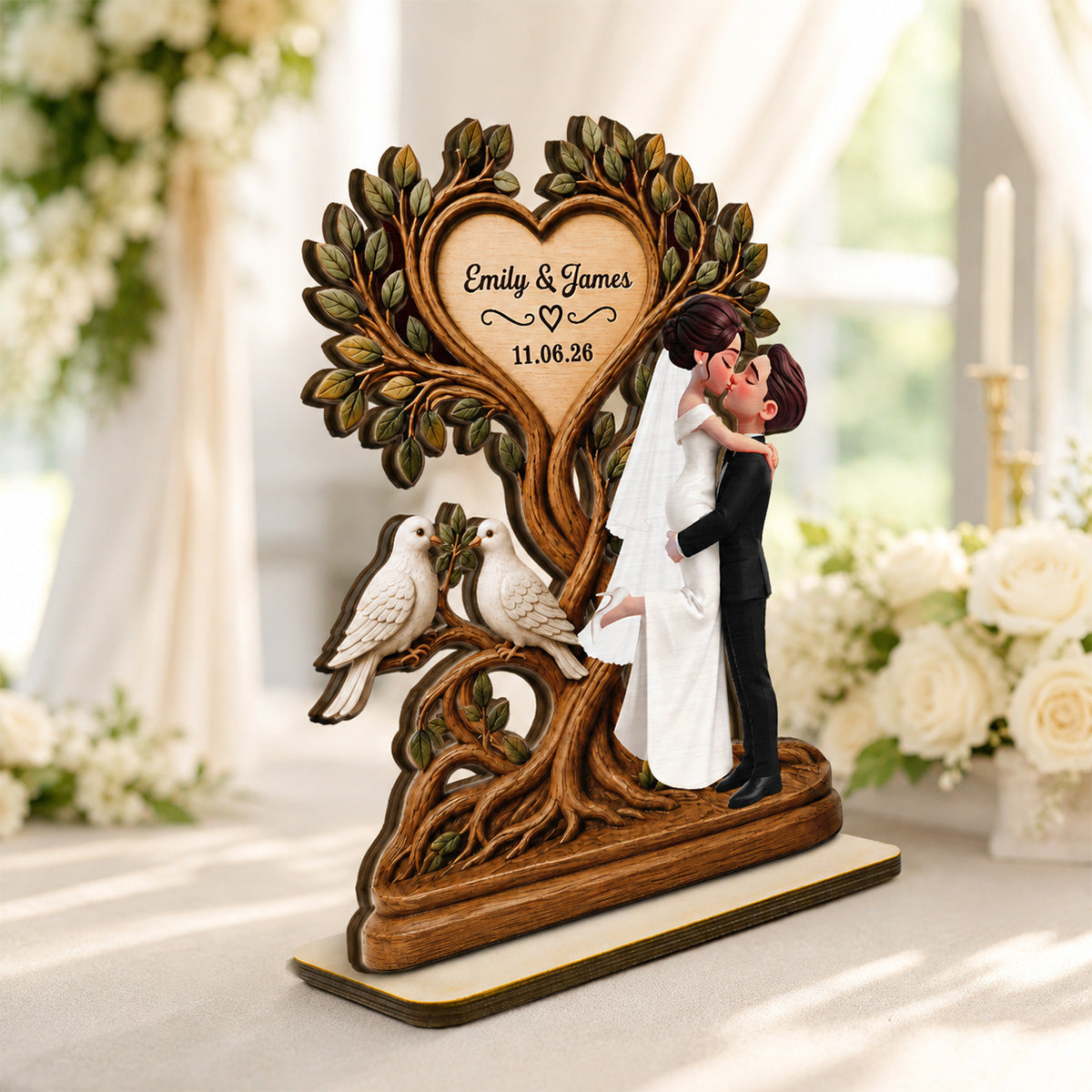 Wedding Couple Tree Of Life With Doves - Personalized 2-Layered Wooden Plaque - Wedding Keepsake, Anniversary Gift For Couples