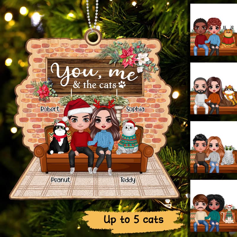 You Me & The Cats On Sofa Personalized Wooden Ornament