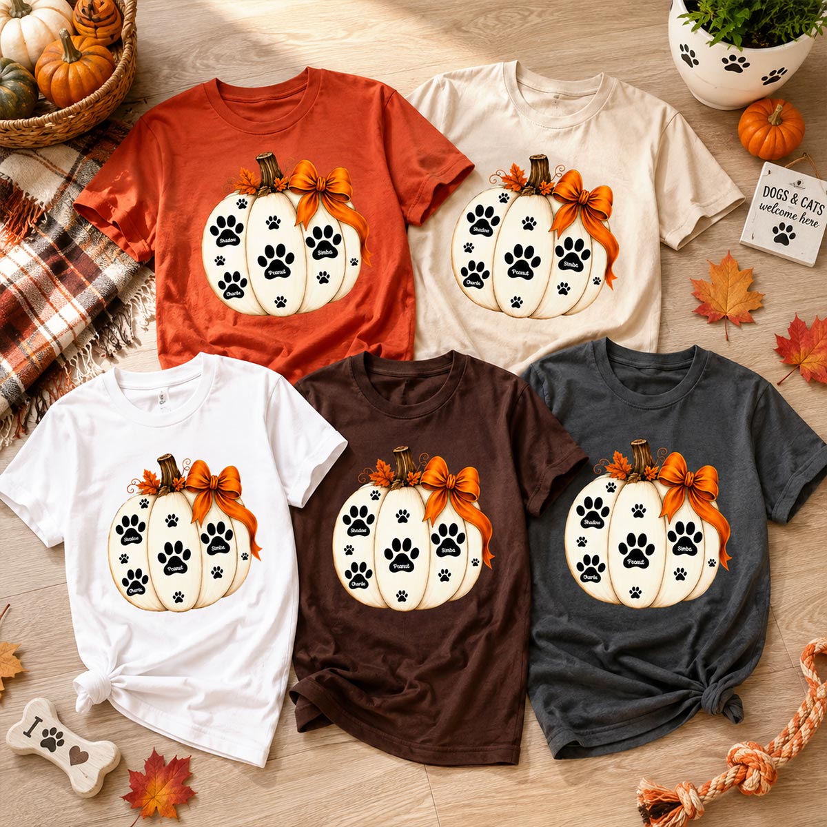 Pumpkin Paw Prints With Pet Names - Personalized Shirt - Cute Fall Gift For Dog Cat Lovers