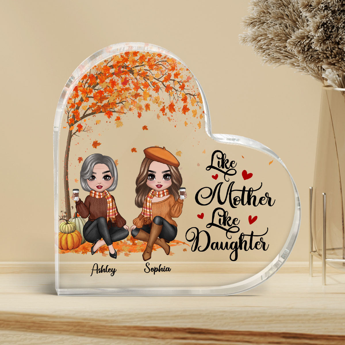 Fall Season Doll Mom Daughters Sitting Under Tree Personalized Acrylic Heart Plaque