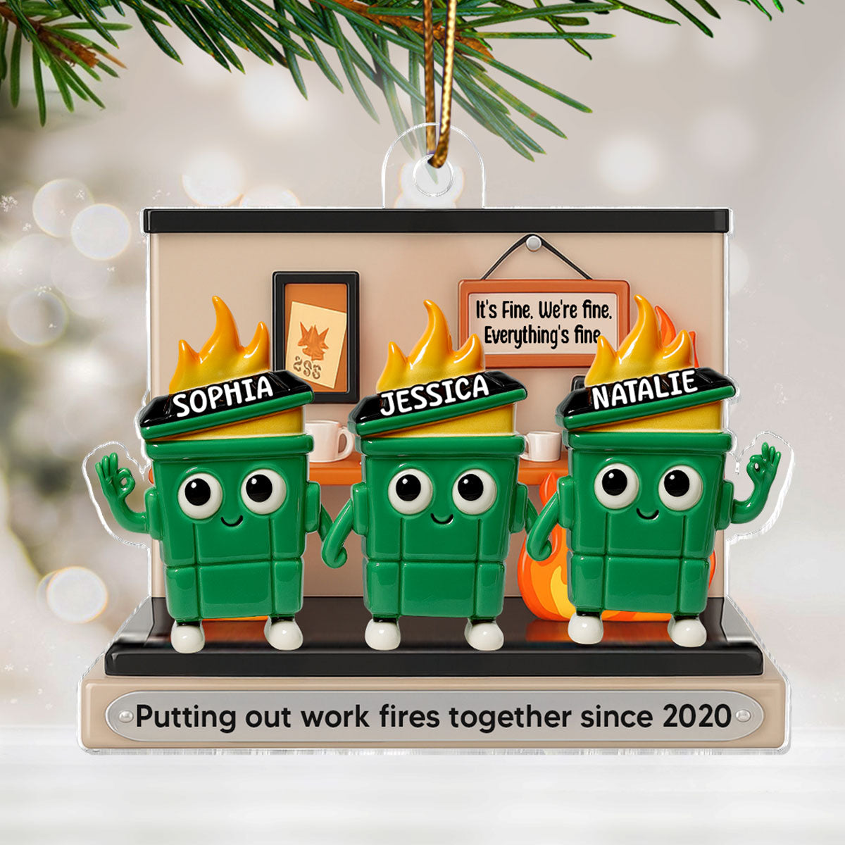 [BUY 1 GET 1 FREE] 3D Effect Dumpster Fires In Office Scene - Personalized Acrylic Ornament - Funny Gift For Colleagues, Work Besties