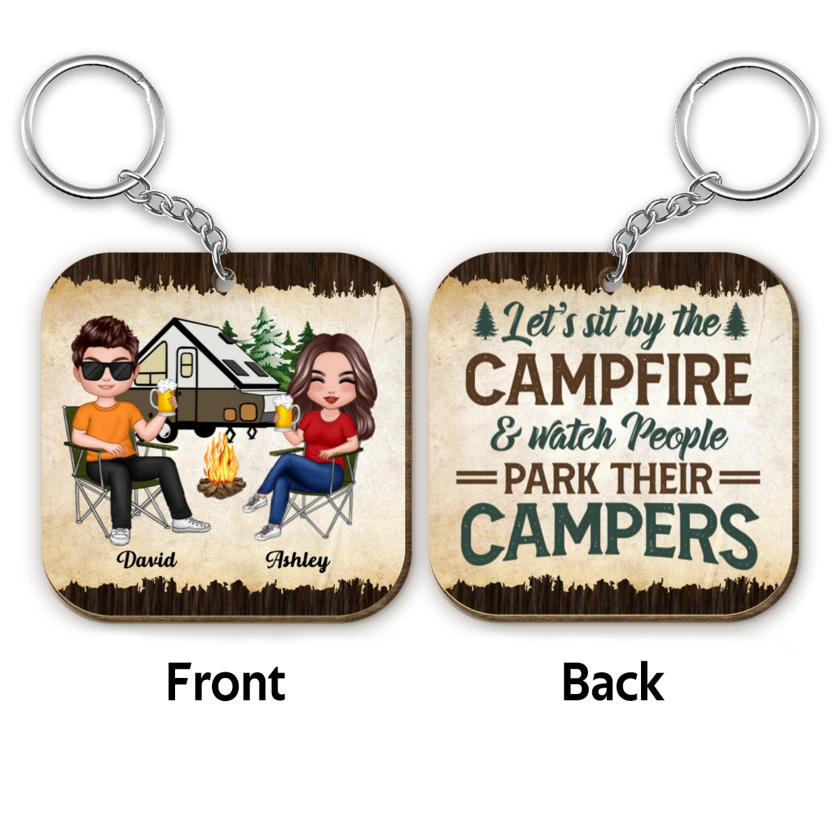 Doll Couple Camping Vintage Personalized Wooden Keychain
