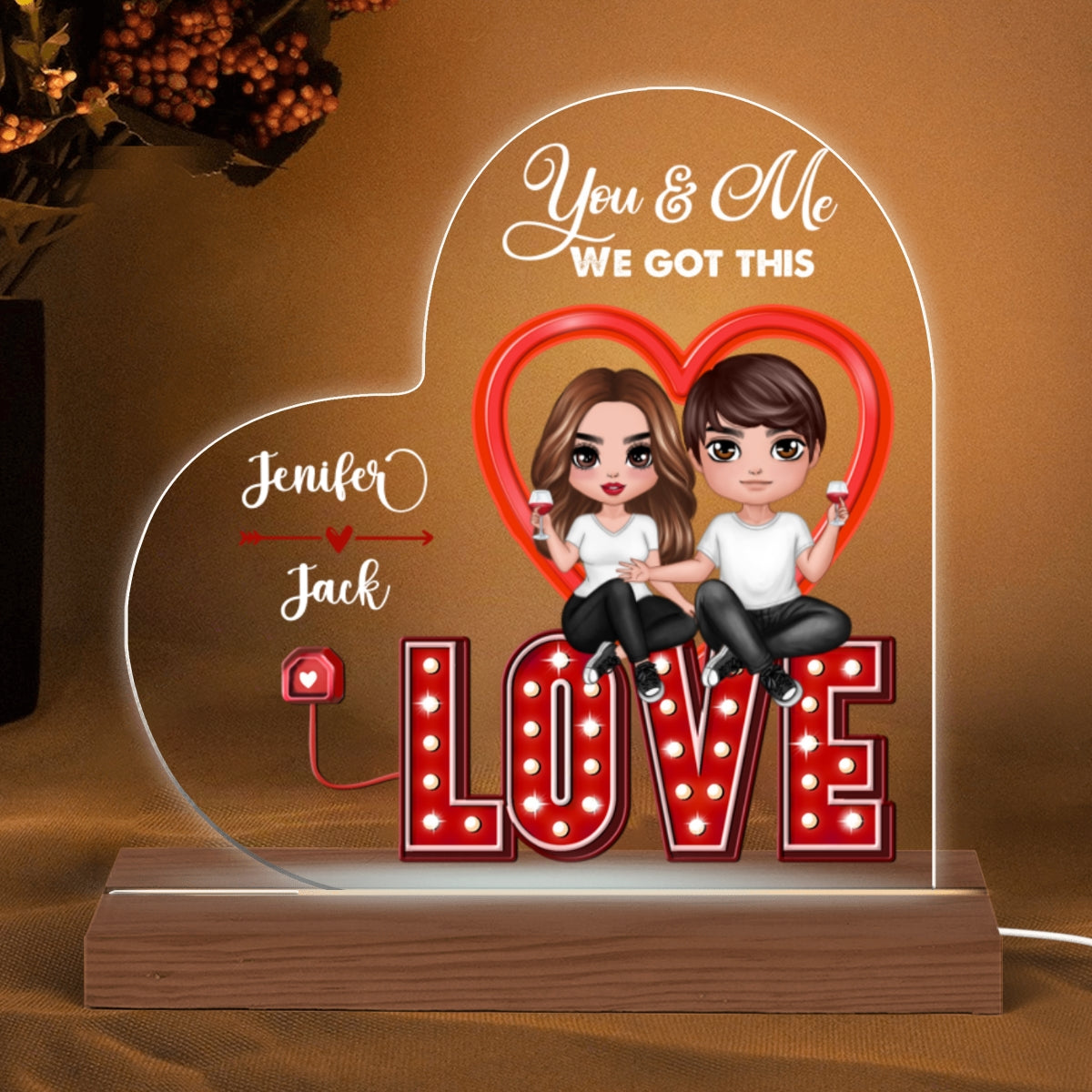 Doll Couple Sitting On LOVE Personalized Custom Shape LED - Gift For Him Gift For Her