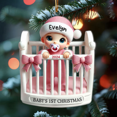 Baby Inside Crib 3D Effect Baby's First Christmas Personalized Acrylic Flat Ornament