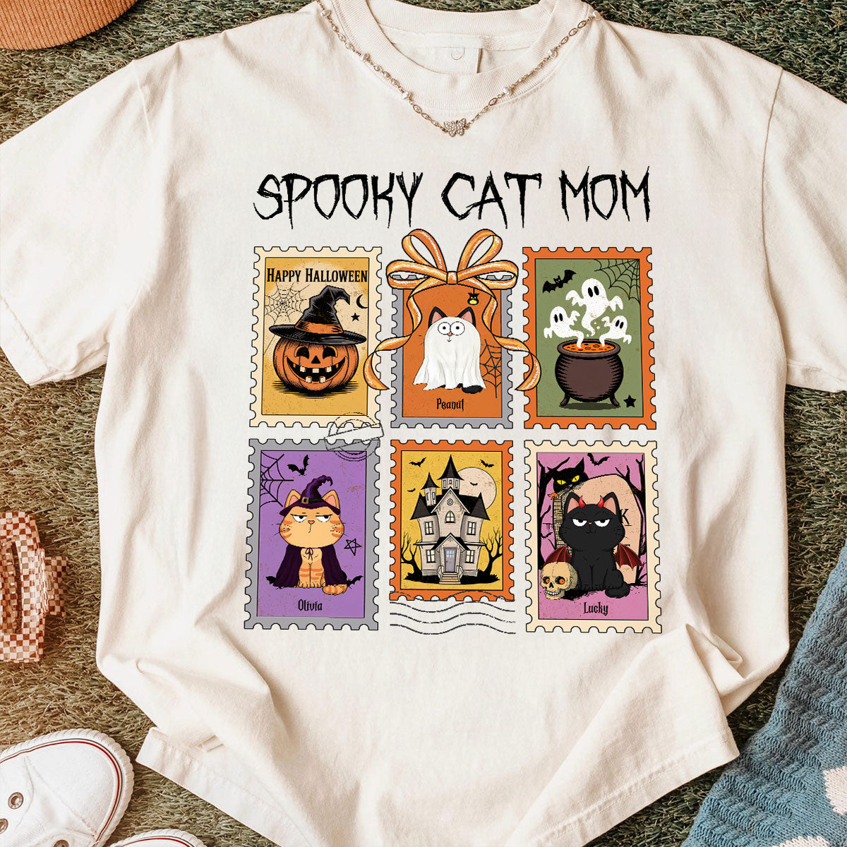 Spooky Cats Retro Stamp Theme Personalized Halloween Shirt