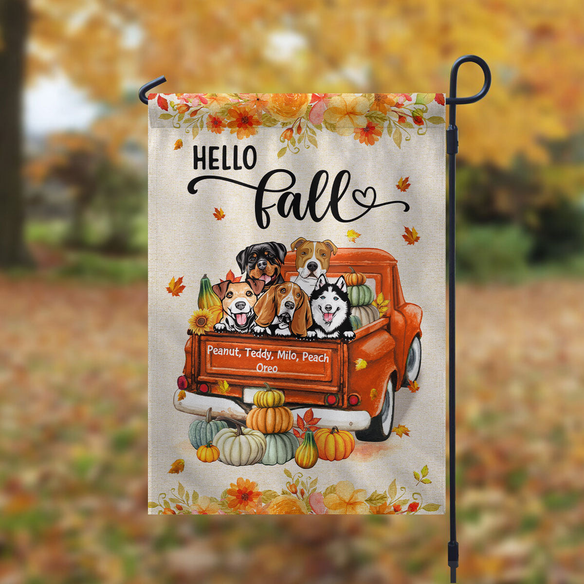 Hello Fall Dogs And Cats On Truck - Personalized Garden Flag