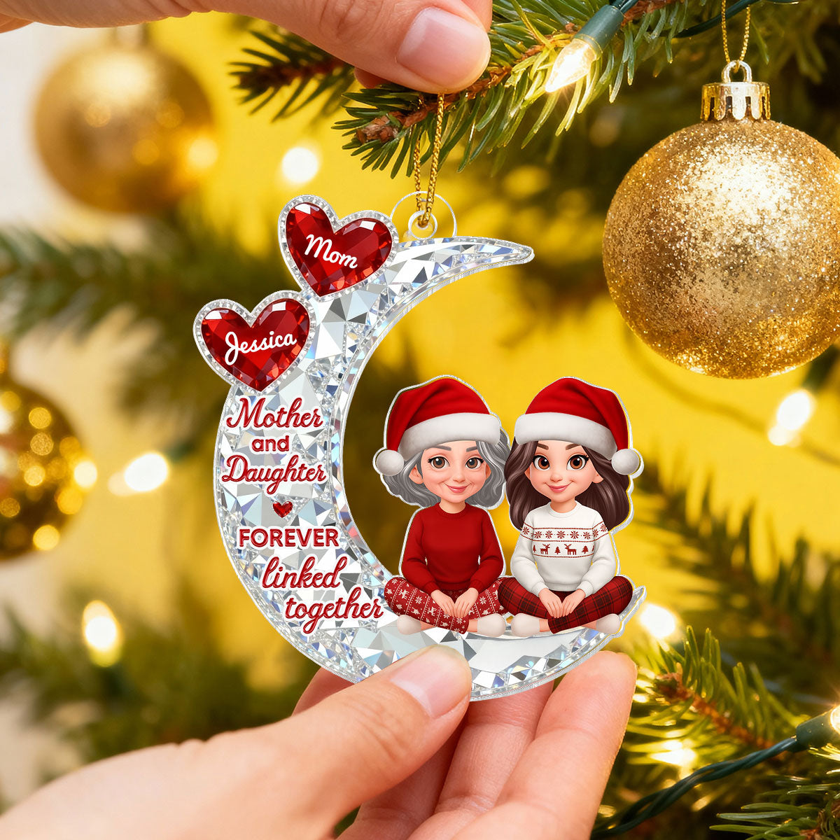 3D Effect Flat Mom And Daughter Son Sitting On Moon - Personalized Acrylic Ornament - Gift For Mom, Daughter, Son