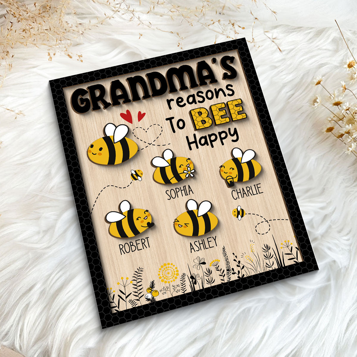 Grandma‘s Reason To Bee Happy Personalized 2-layer Wooden Plaque