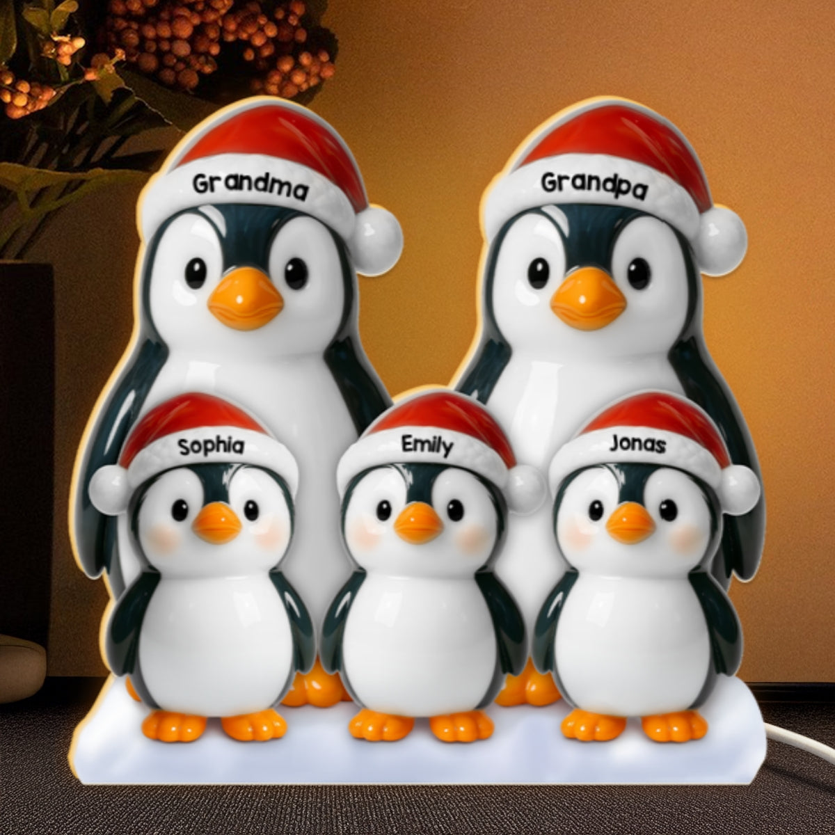 3D Effect Cute Christmas Penguins Grandparents Family - Personalized Light Box - Christmas Decor