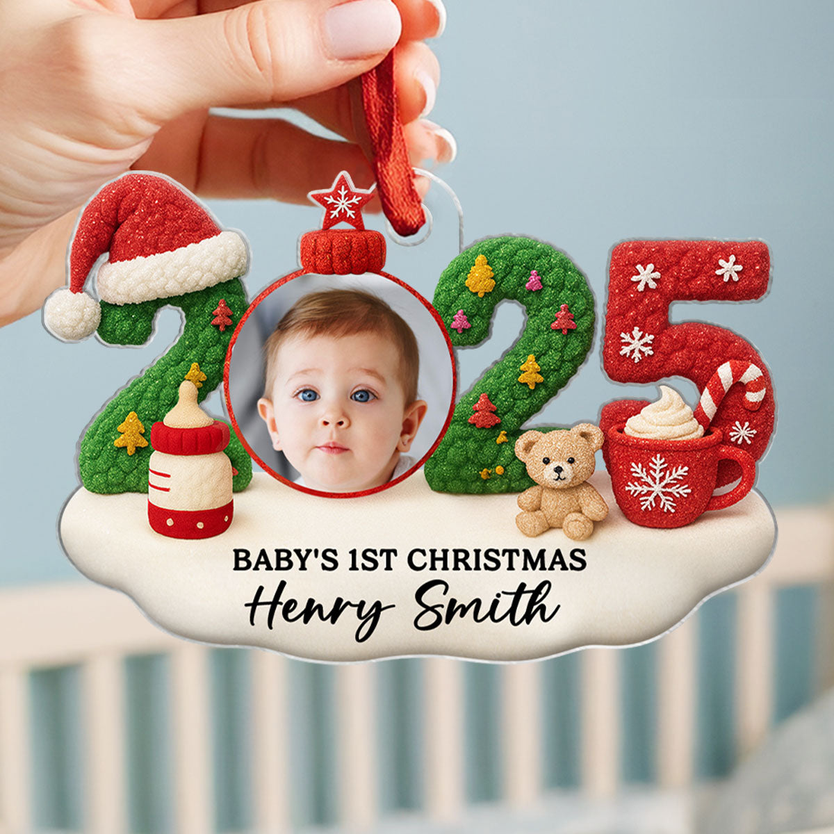 Baby Photo 2025 First Christmas Latch Hook Yarn Faux - Personalized Acrylic Ornament - Christmas Gift for New Parent, Newborn Keepsake