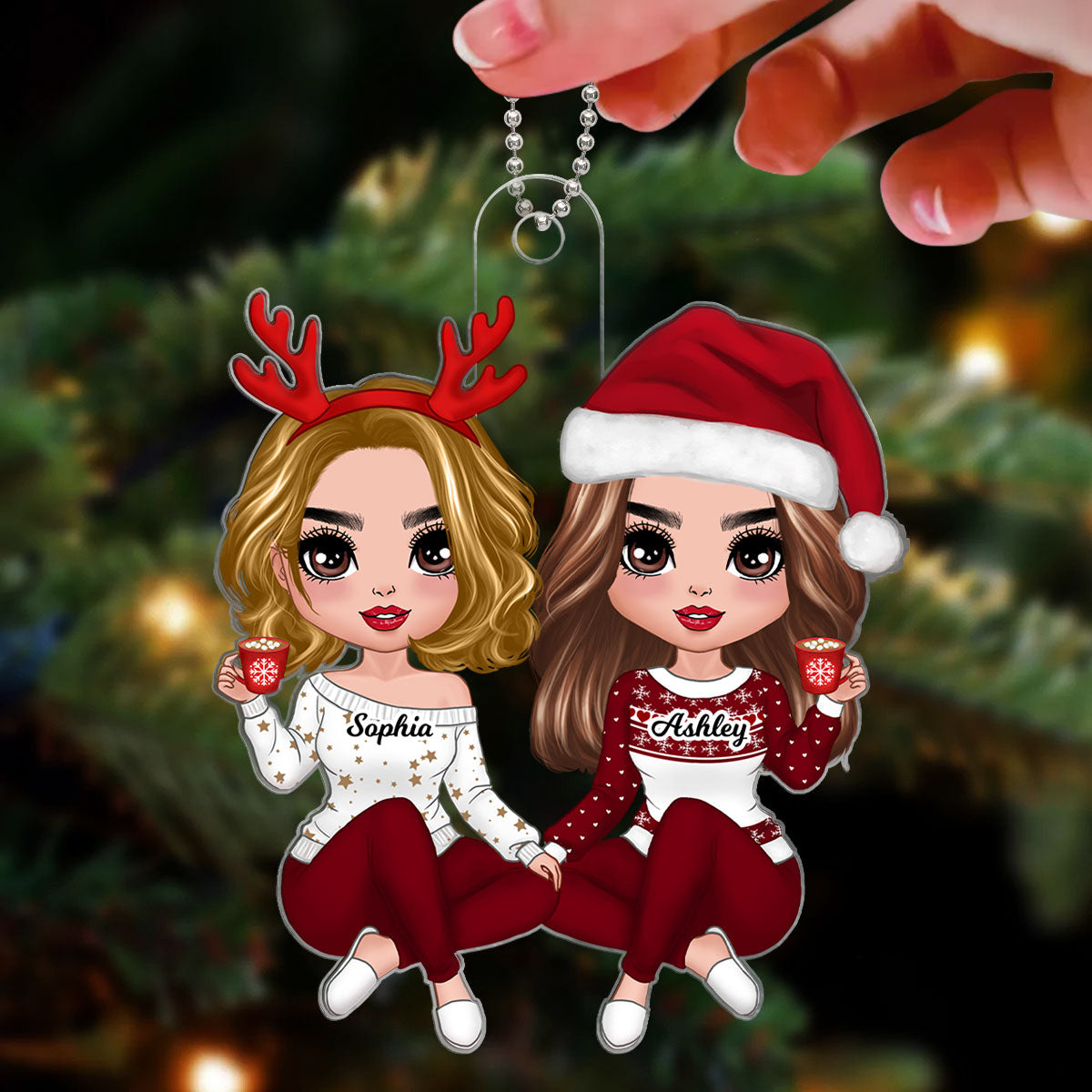 Red Clothes Doll Besties Sisters Sitting Christmas Gift For Best Friends Personalized Acrylic Ornament