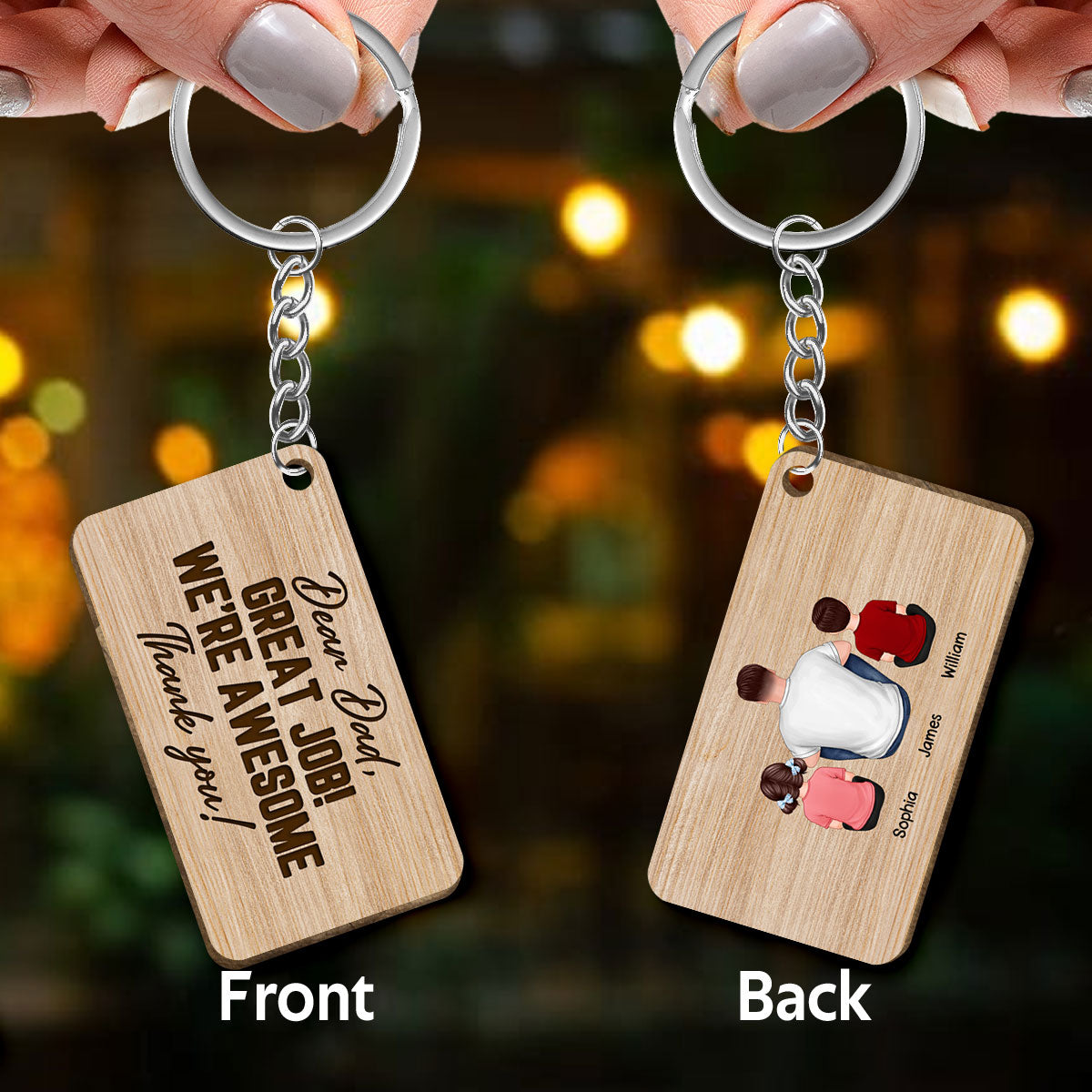 Dad Great Job We‘re Awesome Back View Man Kids Personalized Wooden Keychain