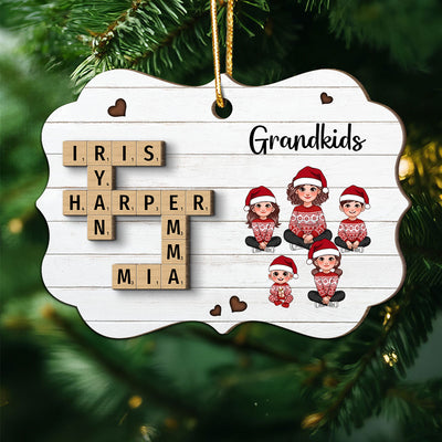 Crossword Puzzle Art Animated Grandma Grandkids Sitting Christmas Personalized 2-Layer Wooden Ornament