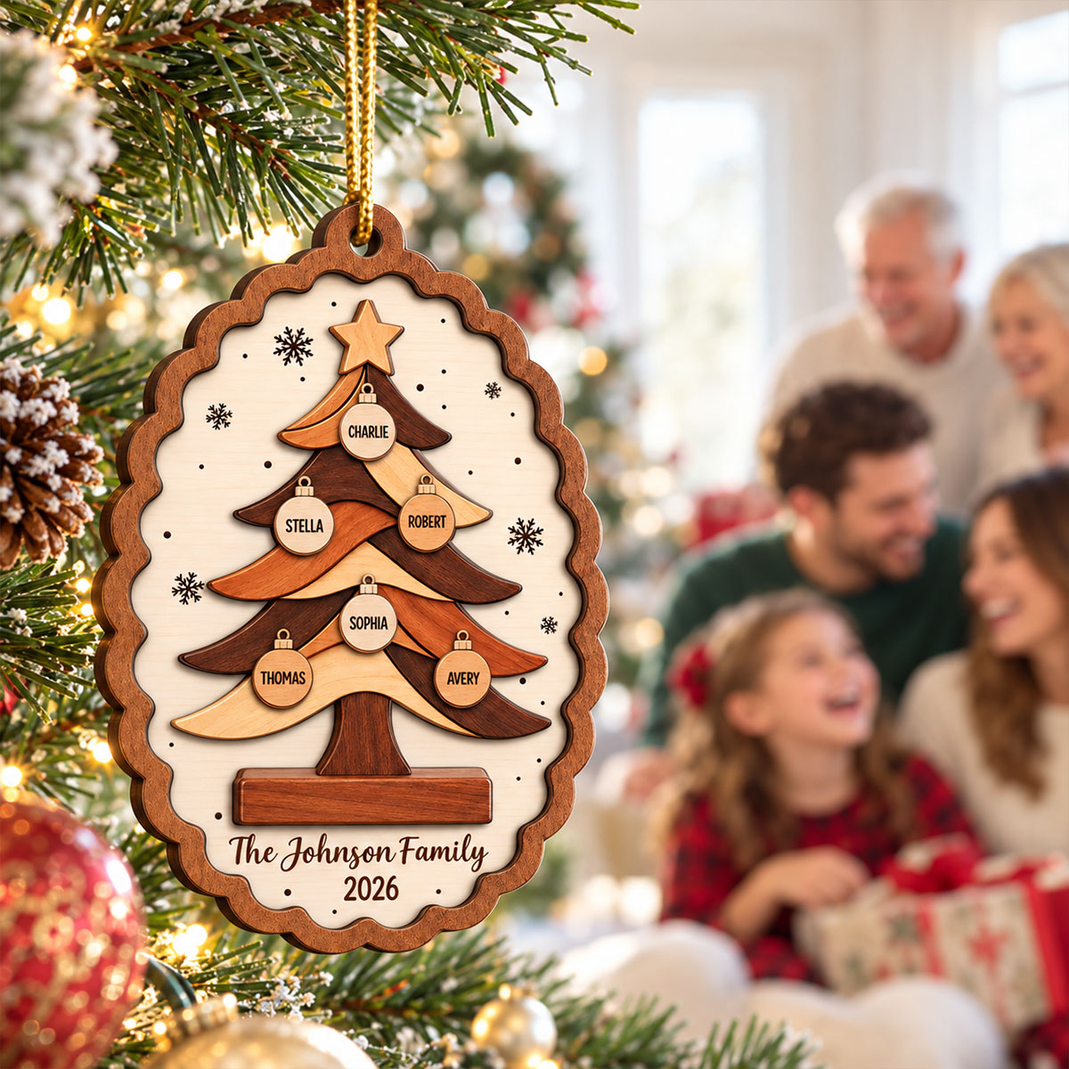 Custom Family Tree - Personalized 2-Layered Wooden Ornament - Christmas Keepsake, Christmas Gift For Family