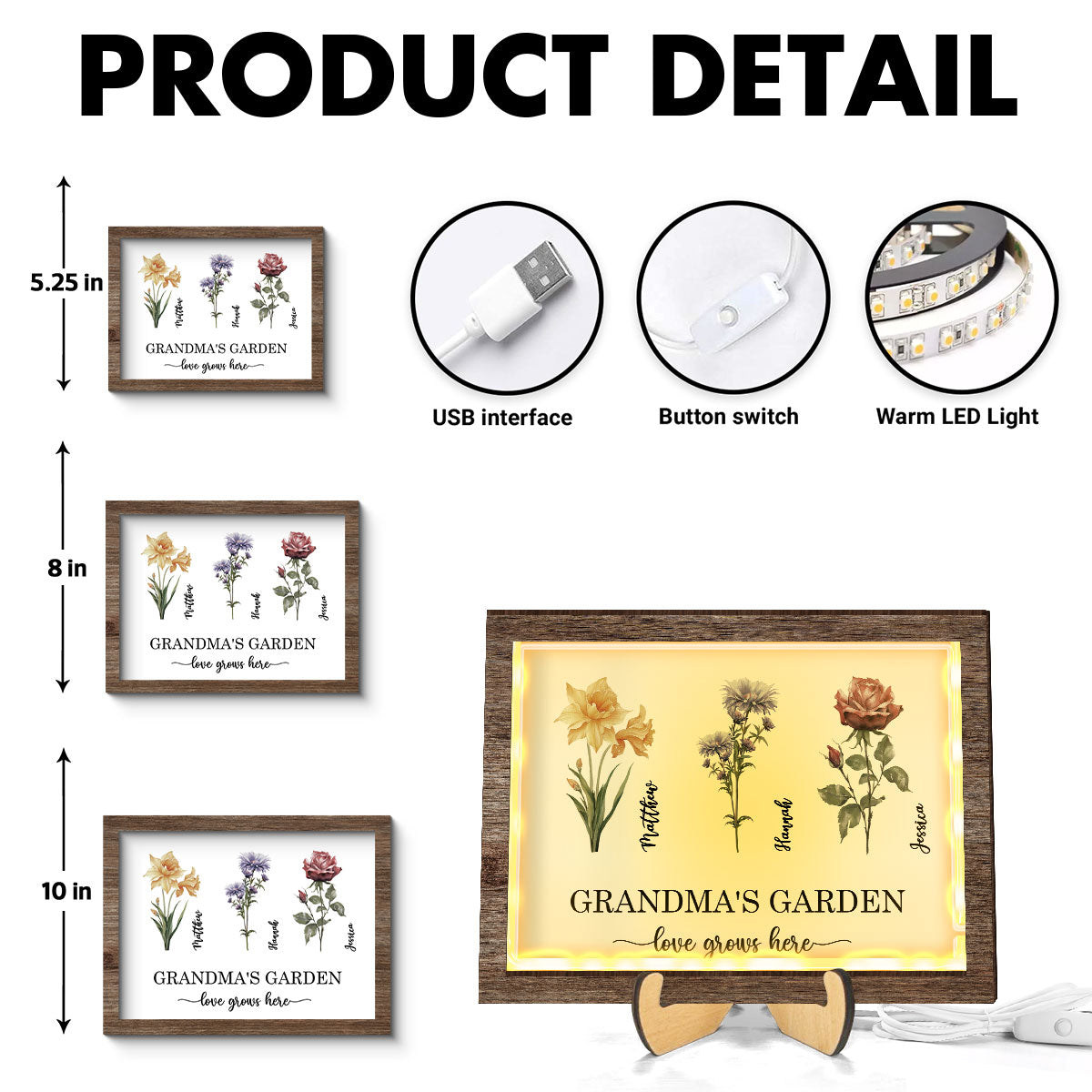 Grandma's Garden Love Grows Here Birth Month Flower Personalized 2-Layered Wooden Plaque with LED, Heartfelt Mother's day gift for Grandma, Mom