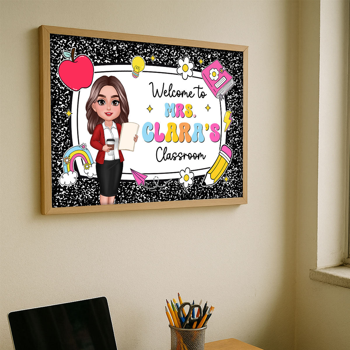 Teacher Composition Book Pattern Personalized Poster, Back To School Gift