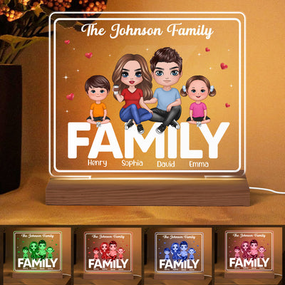 Doll Family Couple Dad Mom Kids Dogs Cats Sitting On Words Personalized Custom Shape Acrylic Plaque LED Night Light